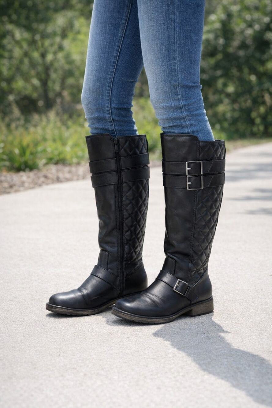Steve Madden Black Tall Boots with Quilted Accent and Buckle Details Size 5